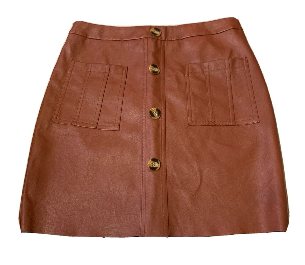 Womens Mini Skirt Size Small Brown Faux Leather Moto Zipper Pockets Raw Hem 70s